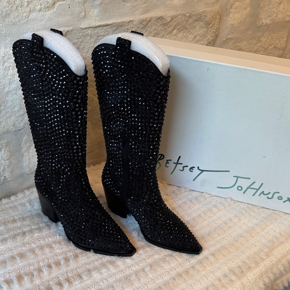 Betsey Johnson Black Crystal-Embellished Knee-High Western Boots - Picture 10 of 16